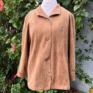 Sibylle Lyn Canada Tan Brown Suede Squiggle Drawings Jacket Coat Womens 8/M